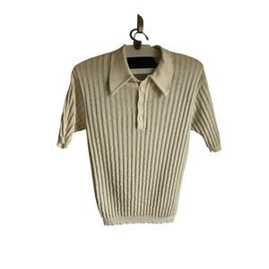 Mesh Knit Polo M L Ivory Dagger Collar American Vintage 70s Grandpacore